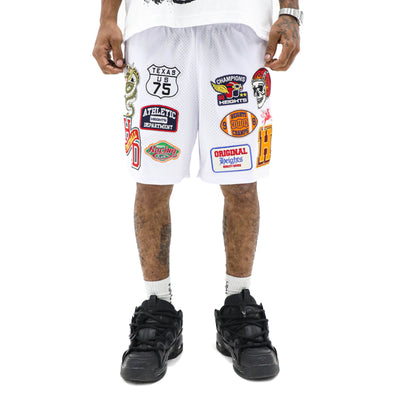 Vintage Patch Varsity Shorts by HeightsDistrict showing a classic athletic style with colorful patches and a relaxed fit.
