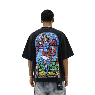 Black Saint Heights Arch Angel T-shirt featuring a detailed angel graphic on the front.