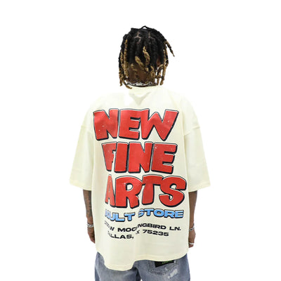 HeightsDistrict New Fine Arts Magazine T-shirt with artistic graphic print on white cotton fabric.