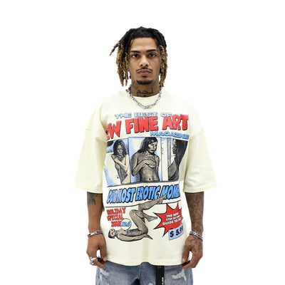 HeightsDistrict New Fine Arts Magazine T-shirt with artistic graphic design on front, casual fit, white fabric, high-quality print.