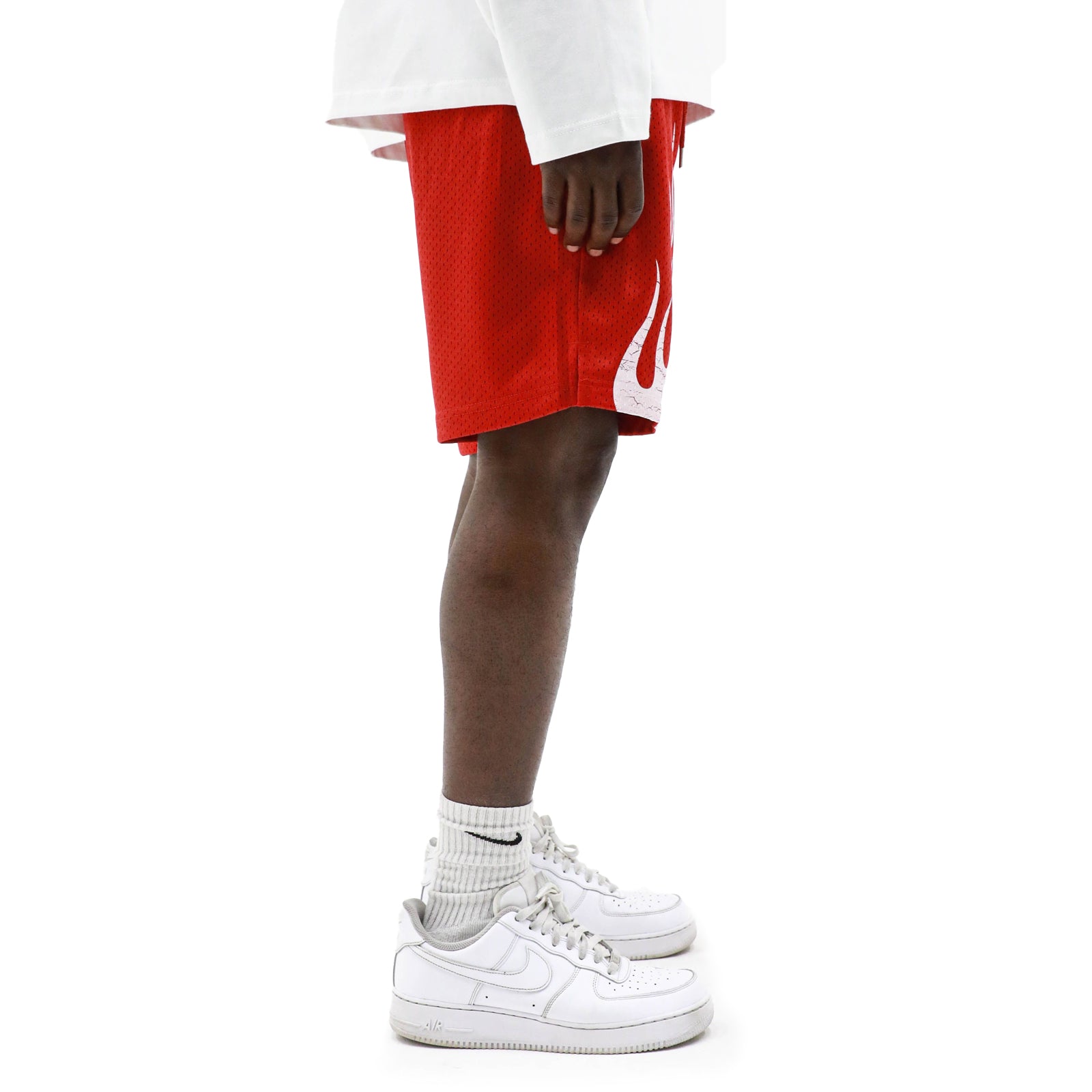 HeightsDistrict Flame Mesh Shorts with breathable flame pattern fabric, casual athletic style, shown front view.