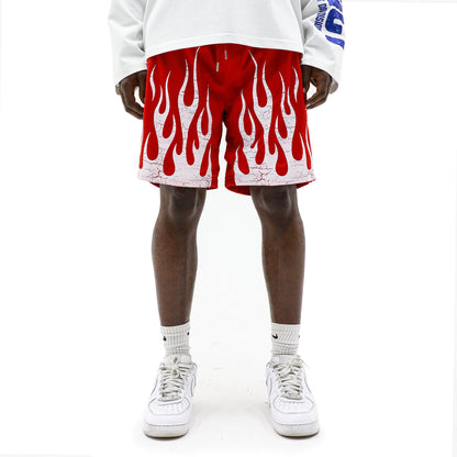 HeightsDistrict Flame Mesh Shorts shown in black with orange flame design, lightweight athletic shorts for active wear.