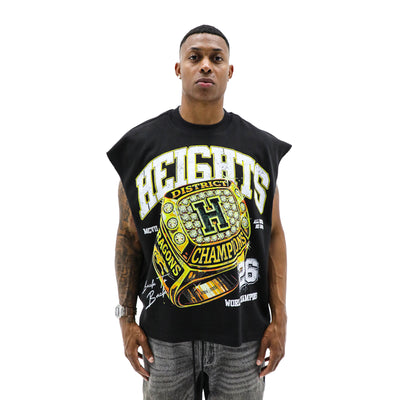 HeightsDistrict Heights Championship '26 T-shirt featuring bold graphic design and team logo on a black fabric.
