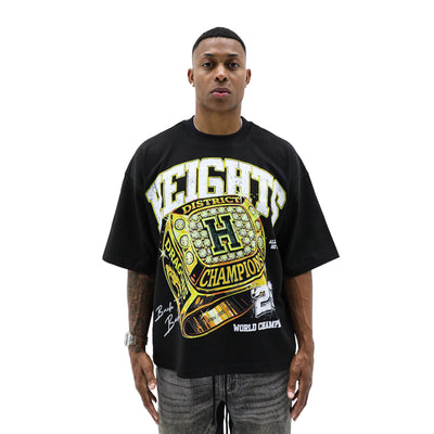 HeightsDistrict Heights Championship '26 T-shirt featuring bold graphic design on a black fabric shirt.