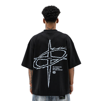 Saint Heights Heights Electrica T-Shirt featuring a bold graphic design on a comfortable black cotton fabric.