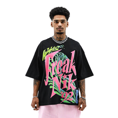 HeightsDistrict Freaknik T-shirt featuring bold graphic design on black cotton fabric, casual streetwear style.