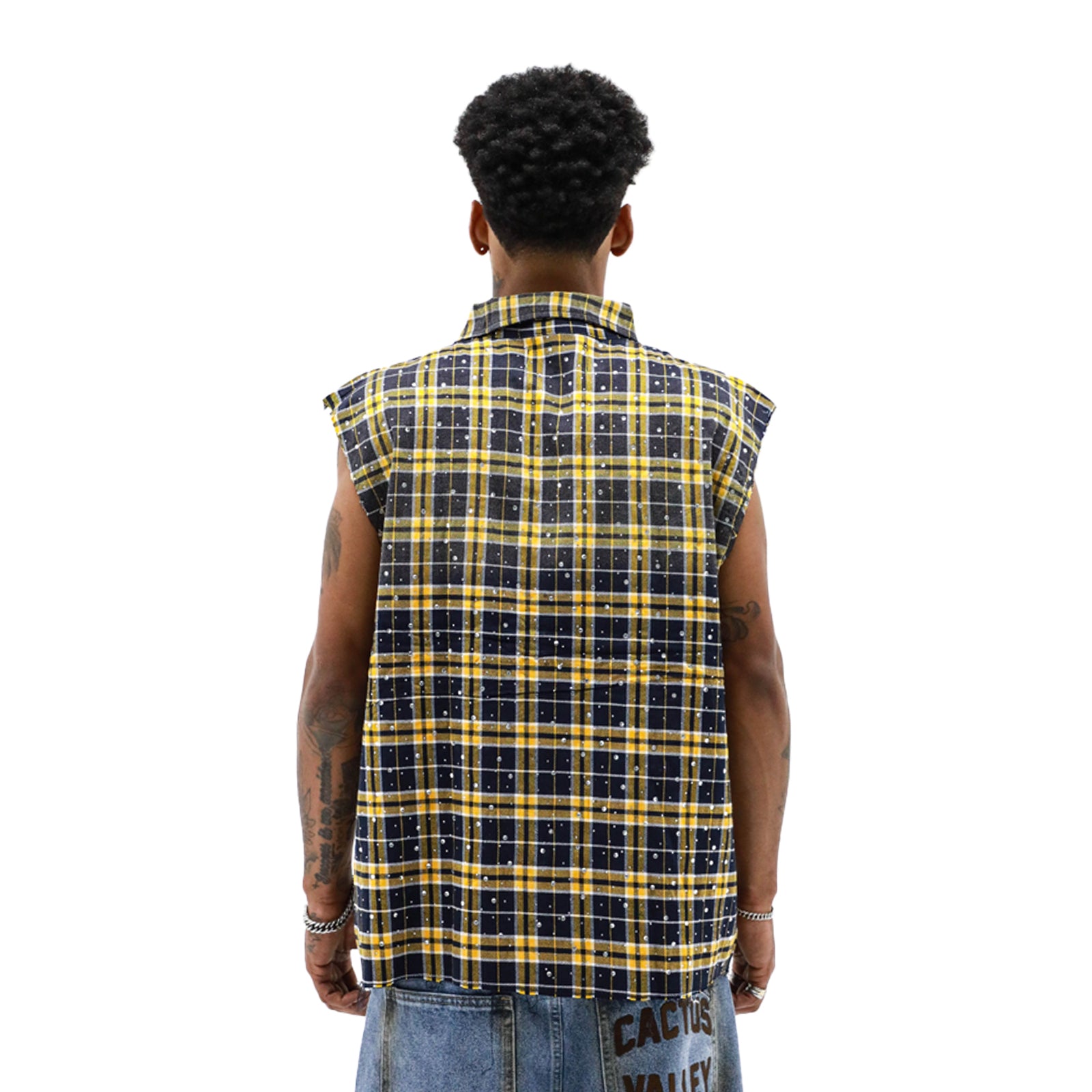 HeightsDistrict stone flannel cut-off top featuring a relaxed fit and casual style, shown on a hanger against a plain background.