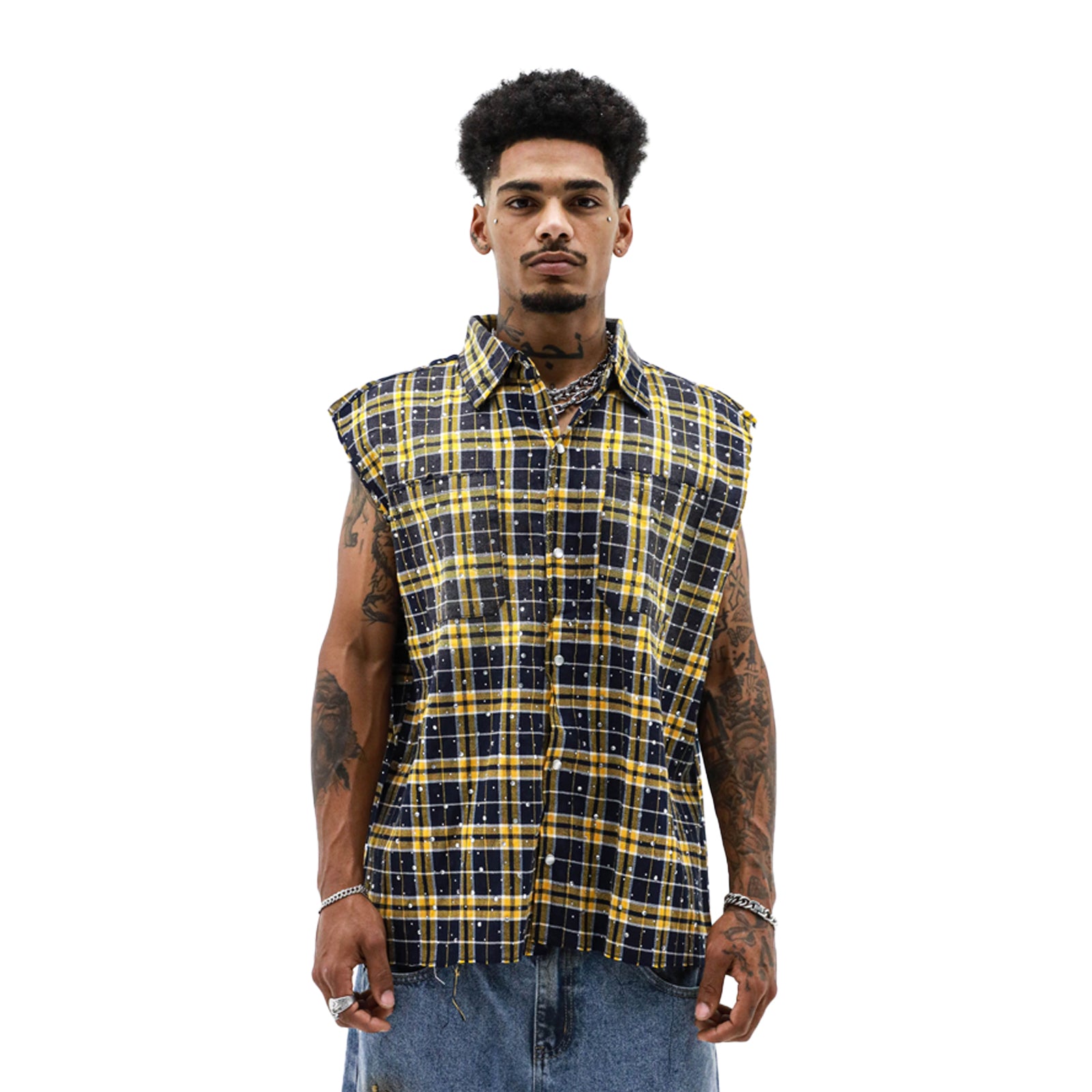HeightsDistrict Stone Flannel Cut-off top with a relaxed fit, featuring a soft flannel fabric and casual style.