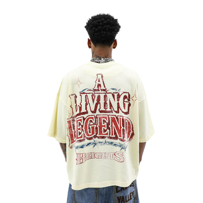 Black "A Living Legend" T-shirt by HeightsDistrict with bold graphic text on front, casual fit, and soft cotton fabric.