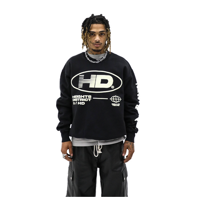 HeightsDistrict Classic HD Crewneck sweatshirt in black, featuring a simple, comfortable crewneck design with subtle branding.