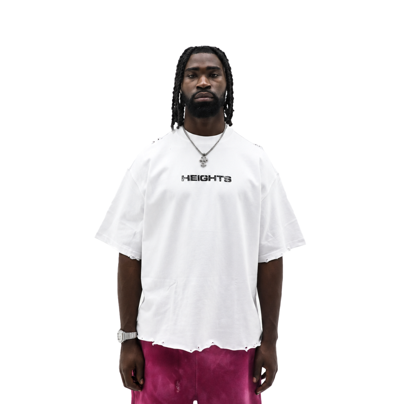 Heights Distressed Logo Tee white heavyweight tee - front HEIGHTS wordmark