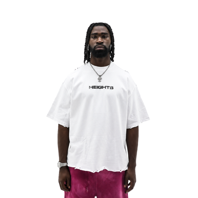 Heights Distressed Logo Tee white heavyweight tee - front HEIGHTS wordmark
