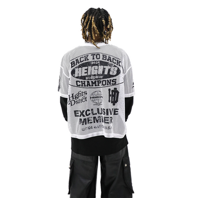 HeightsDistrict Heights Stadium jersey, a sports top with team logo, in white with blue accents, displayed on a hanger.