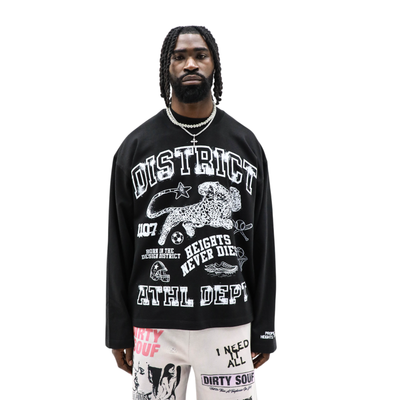 HeightsDistrict Heights Never Dies T-shirt featuring bold graphic design on soft black fabric.