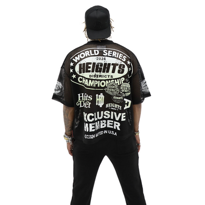 HeightsDistrict mesh stadium jersey, a sleeveless sports top with team logo and breathable fabric, ideal for athletic wear.