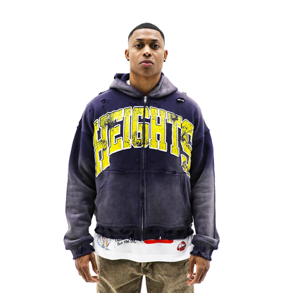 Navy Heights Zip Hoodie featuring a front zipper and adjustable hood, perfect for casual wear and layering.