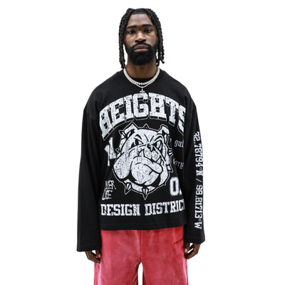 HeightsDistrict No Guts No Glory T-shirt featuring bold graphic design on a black cotton shirt.