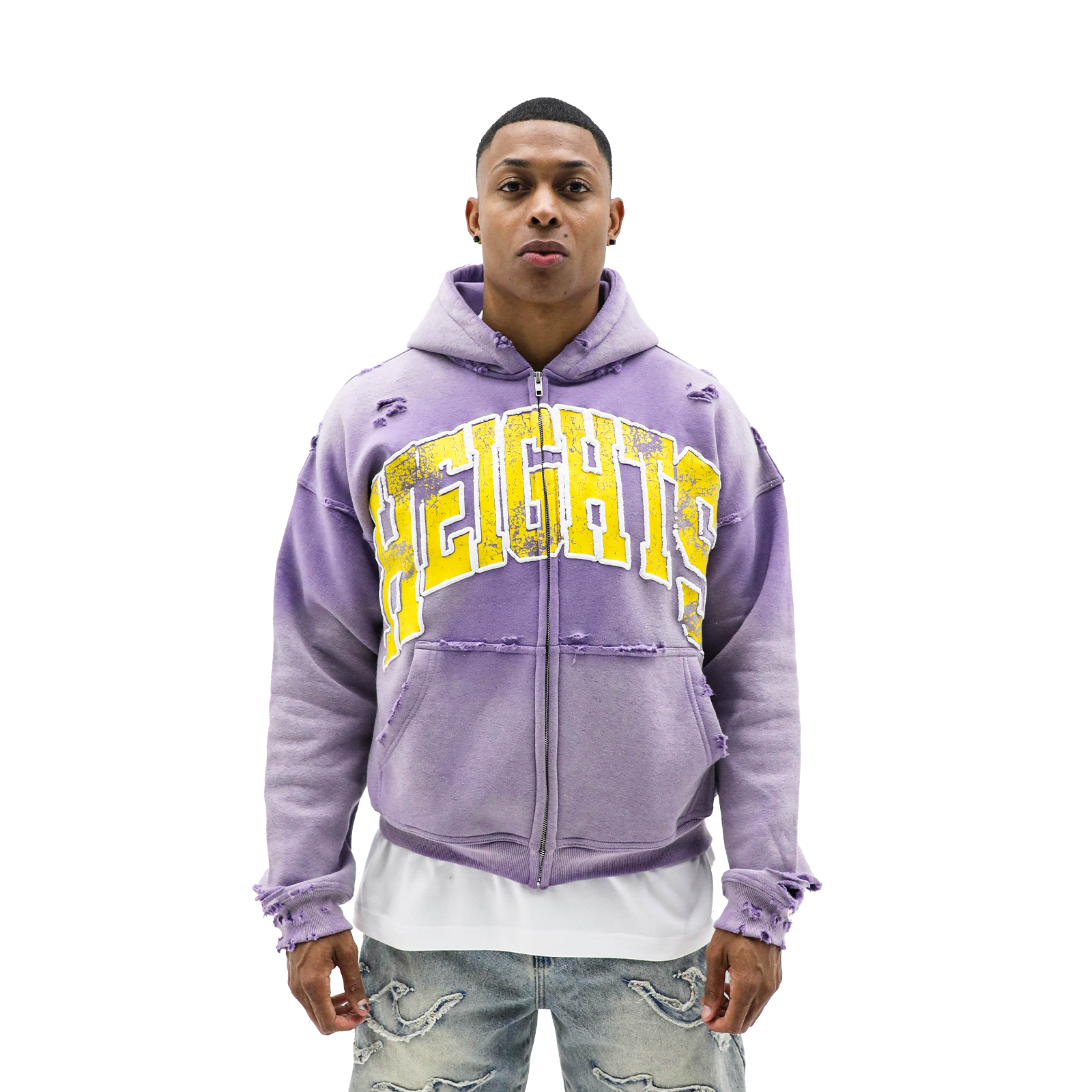 Purple HeightsDistrict zip hoodie displayed on a mannequin, featuring a front zipper and relaxed fit.