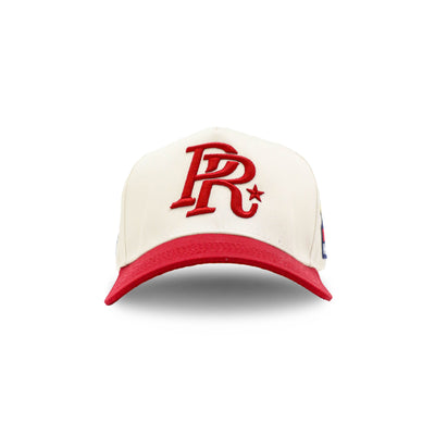 Red PR Varsity Snapback hat by HeightsDistrict with front logo embroidery and adjustable snapback closure.