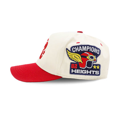 Red PR Varsity Snapback hat by HeightsDistrict featuring a structured front and adjustable snapback closure.