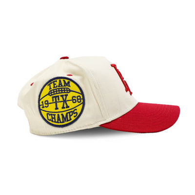 Red PR Varsity Snapback cap by HeightsDistrict with white lettering, shown from a right-side angle.