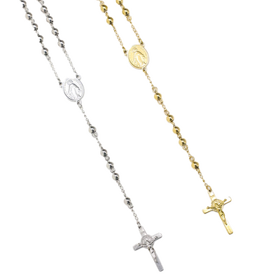 Stainless steel rosary with detailed beads and crucifix, handcrafted by HeightsDistrict, resting on a neutral background.