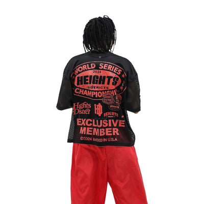 HeightsDistrict red stadium jersey showing back view with team name and player number, made for sports fans and athletes.