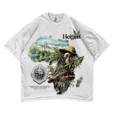 Heritage Classics Heights Weed Farm T-shirt featuring a green cannabis leaf graphic on a black fabric background.