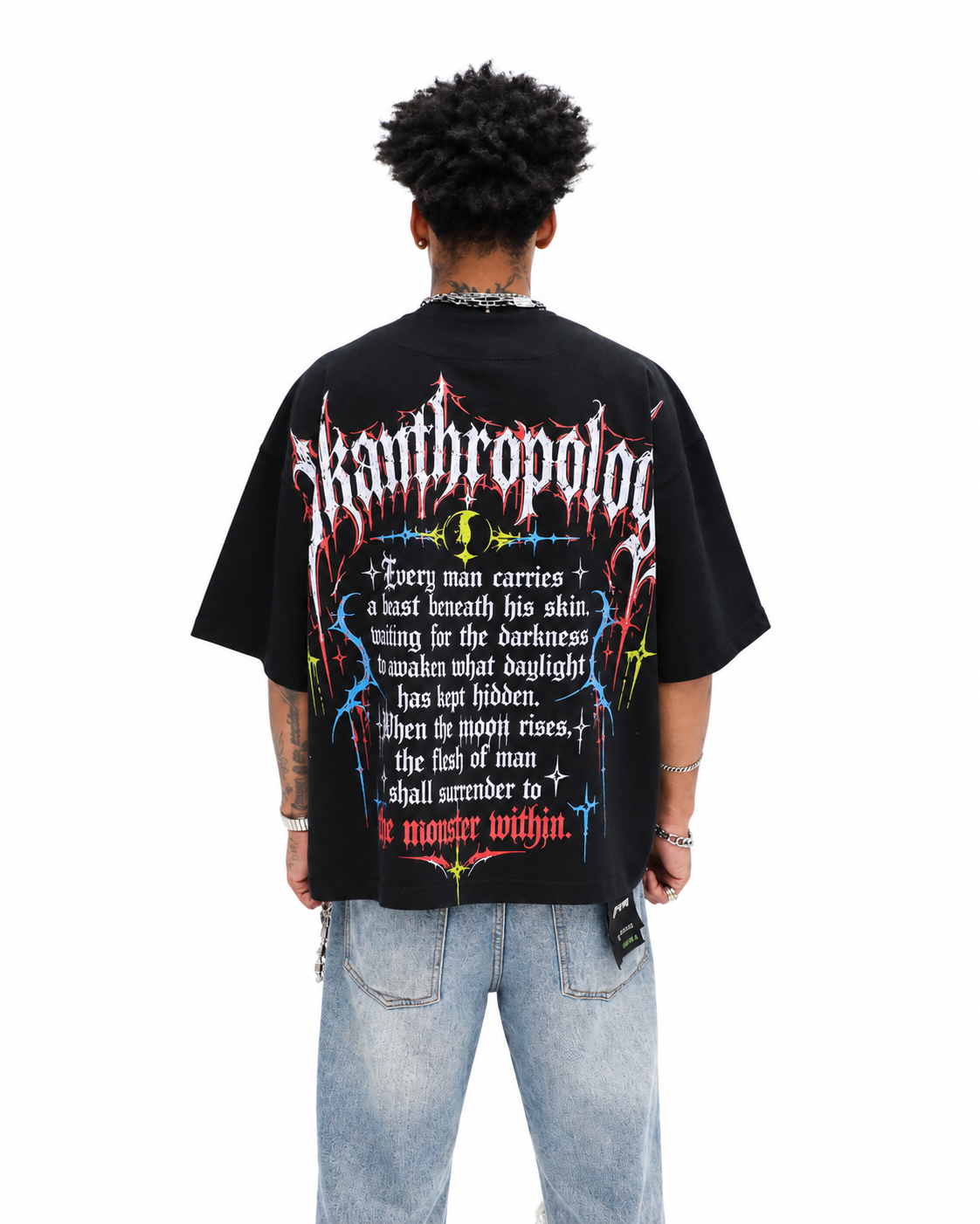 After Dark Wolf Tee - Black worn on model, back view, white background