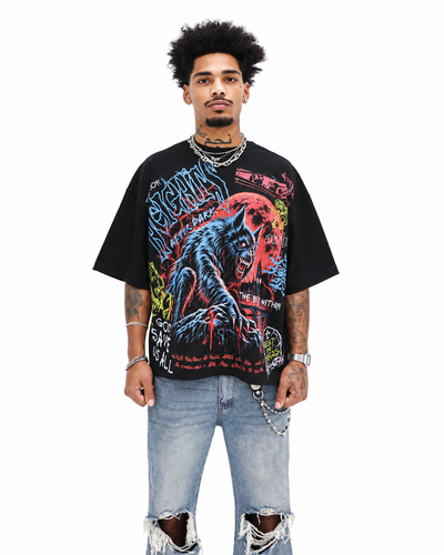 After Dark Wolf Tee - Black worn on model, front view, white background