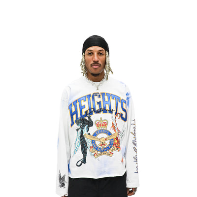 Model standing upright wearing Back To The Source long sleeve front