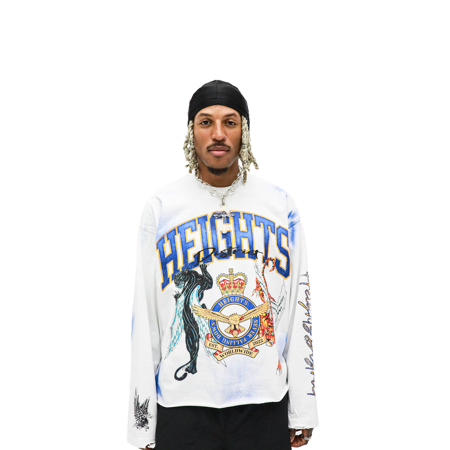 Model standing upright wearing Back To The Source long sleeve front