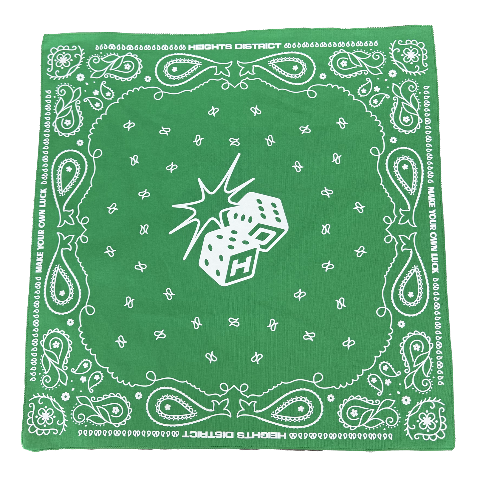 HeightsDistrict Heights Lucky Bandana featuring vibrant green and black design, tied in a classic style on a white background.