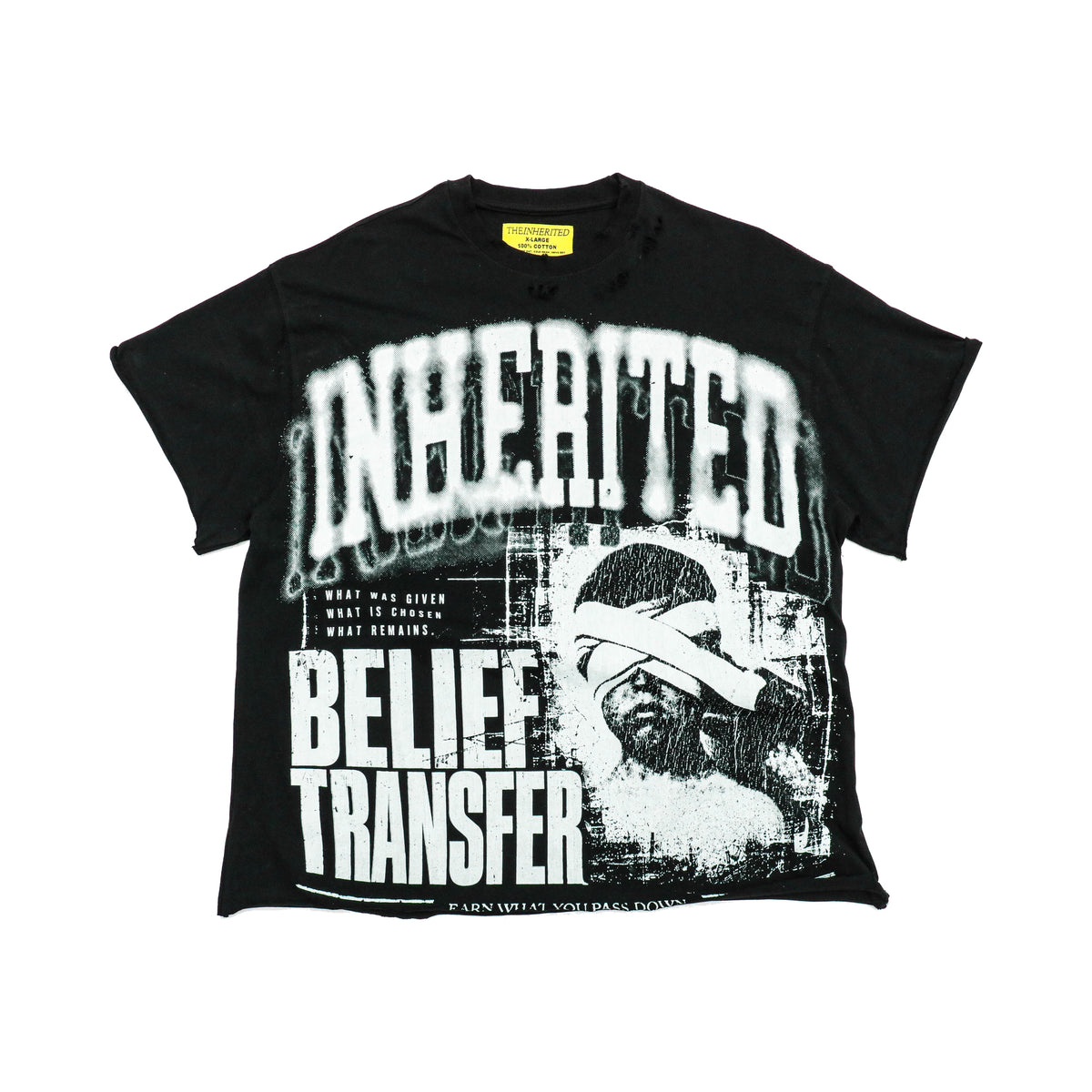belief transfer black front flat lay on white.