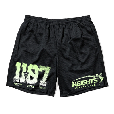 Black HeightsDistrict Mesh Shorts with breathable athletic fabric and adjustable waistband, perfect for sports and casual wear.