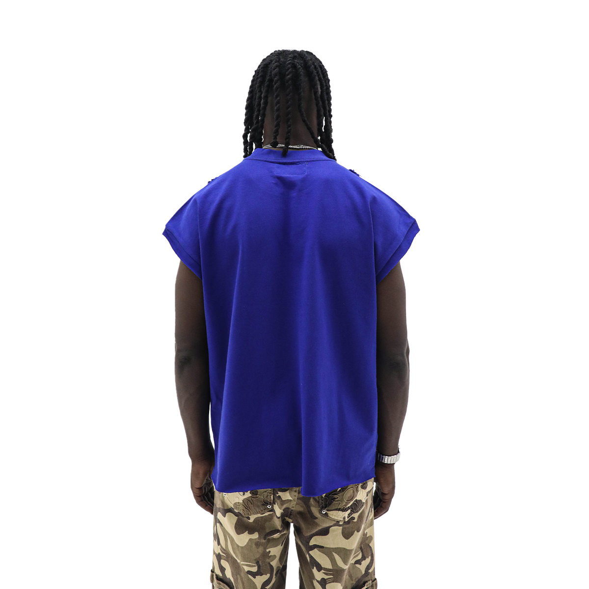 Blue Fest royal blue sleeveless heavyweight tee - back view
