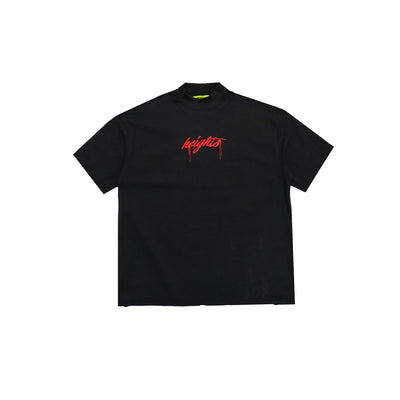 Call Now Tee - Black, front view with bright red Heights logo