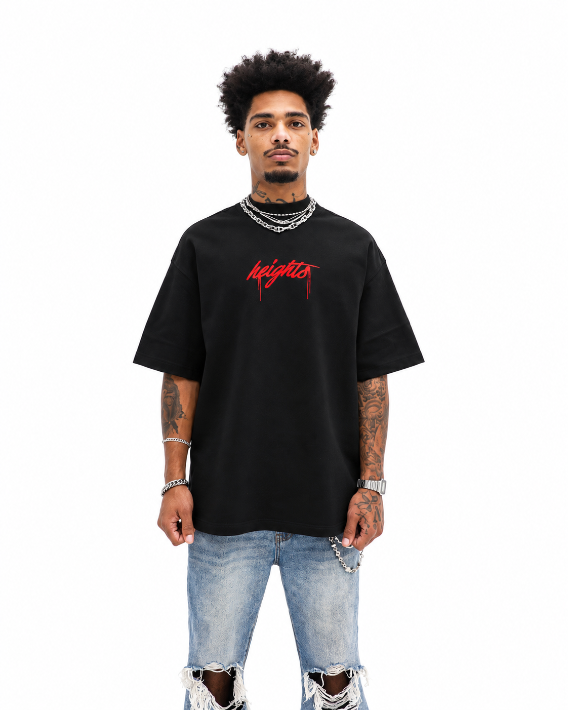 Call Now Tee worn on model, front view, white background