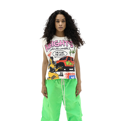 HeightsDistrict Texas Crop top featuring cowgirl graphic, casual sleeveless design, perfect for Western-inspired fashion.