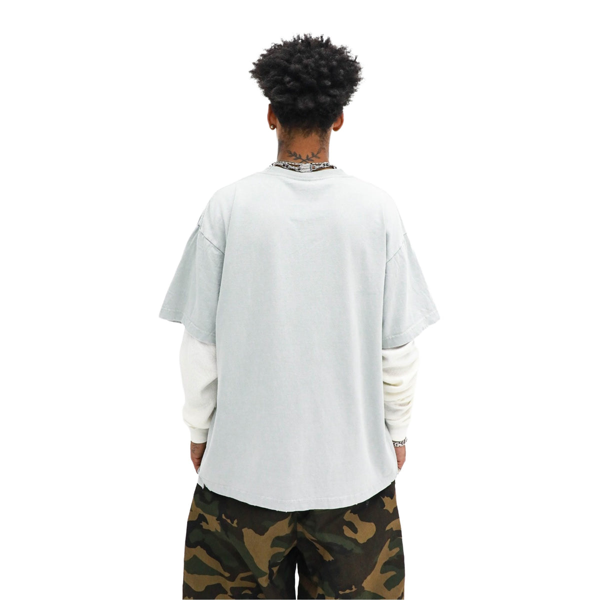 Échos D’hier Layered Long Sleeve - Grey worn on model, back view, on a white background