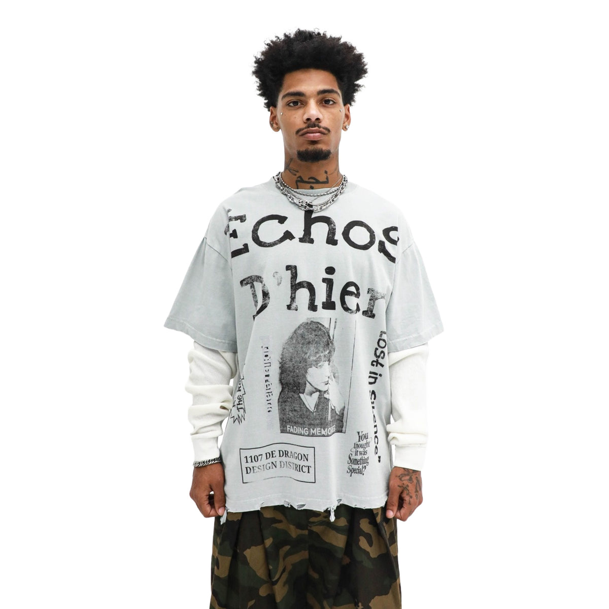 Échos D’hier Layered Long Sleeve - Grey worn on model, front view, on a white background