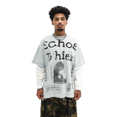 Échos D’hier Layered Long Sleeve - Grey worn on model, front view, on a white background