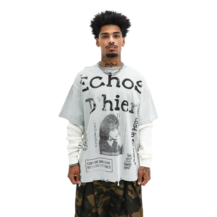 Échos D’hier Layered Long Sleeve - Grey worn on model, front view, on a white background