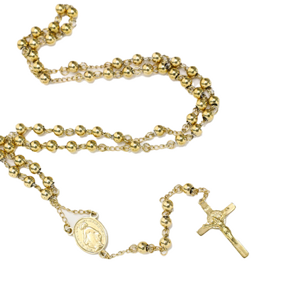 Gold stainless steel rosary with detailed bead design, crafted by HeightsDistrict, suitable for prayer or meditation.