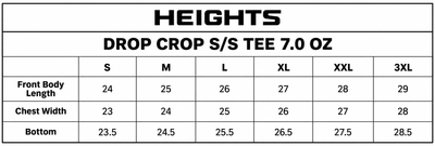 Heights Drop Crop S/S Tee 7.0 oz size chart, S through 3XL