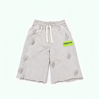 Heights Essential Short flat lay in Vintage Grey — neon green woven label, distressed 450 GSM fleece, raw-cut hem