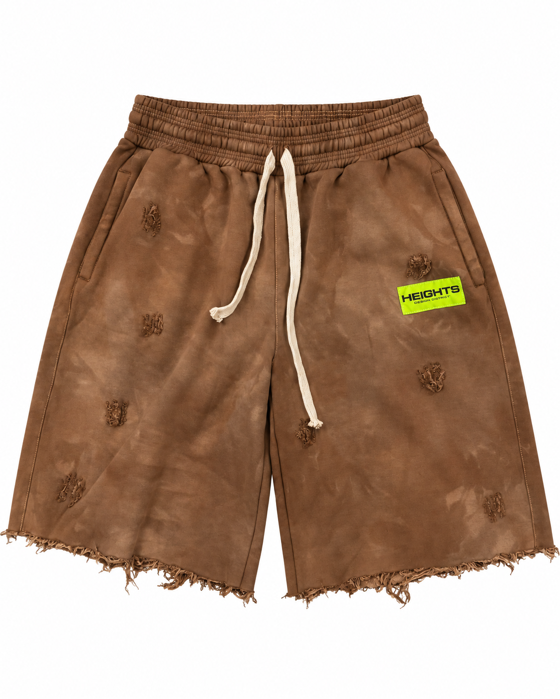 Heights Essential Short QS in darker hand-dyed Latte brown, front flat view with raw hems and neon Heights label.