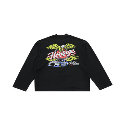 heritage auto club long sleeve black back flat lay on white.