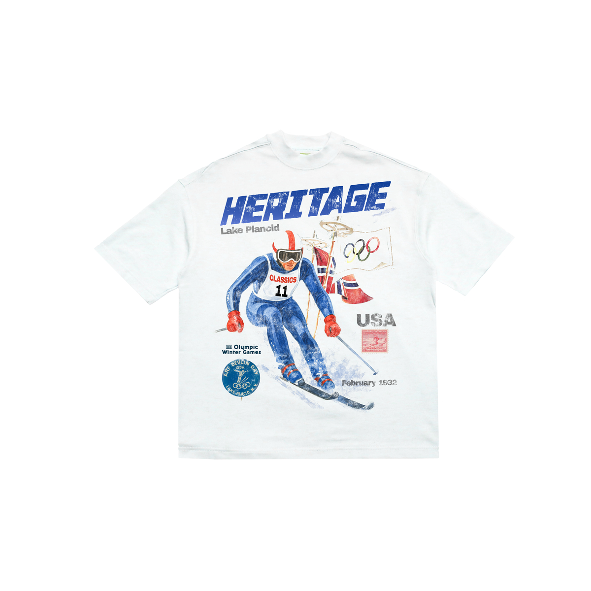 Heritage Ski 32' white T-shirt front flat lay