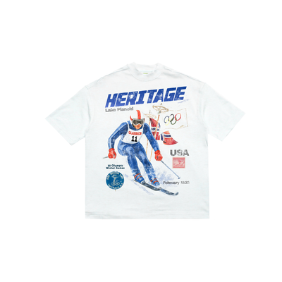 Heritage Ski 32' white T-shirt front flat lay